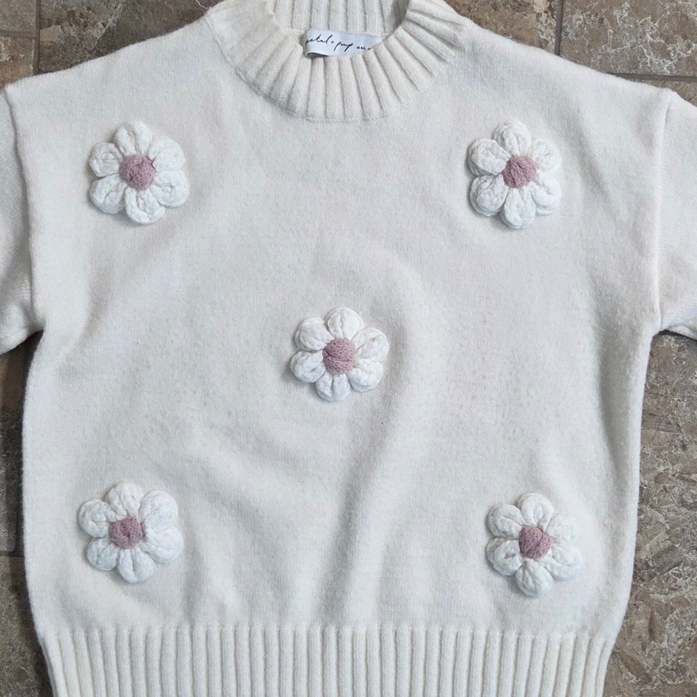 Petal + Pup Cream 3D‎ Floral Crochet Wool Blend Mock Neck Sweater Womens M/L